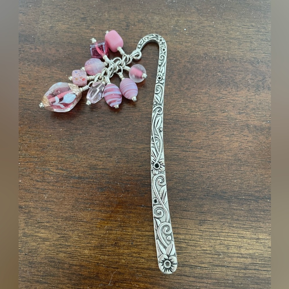 Handmade Pink Bead Grape Bookmark with Silver Tone Hook - ideal Gift